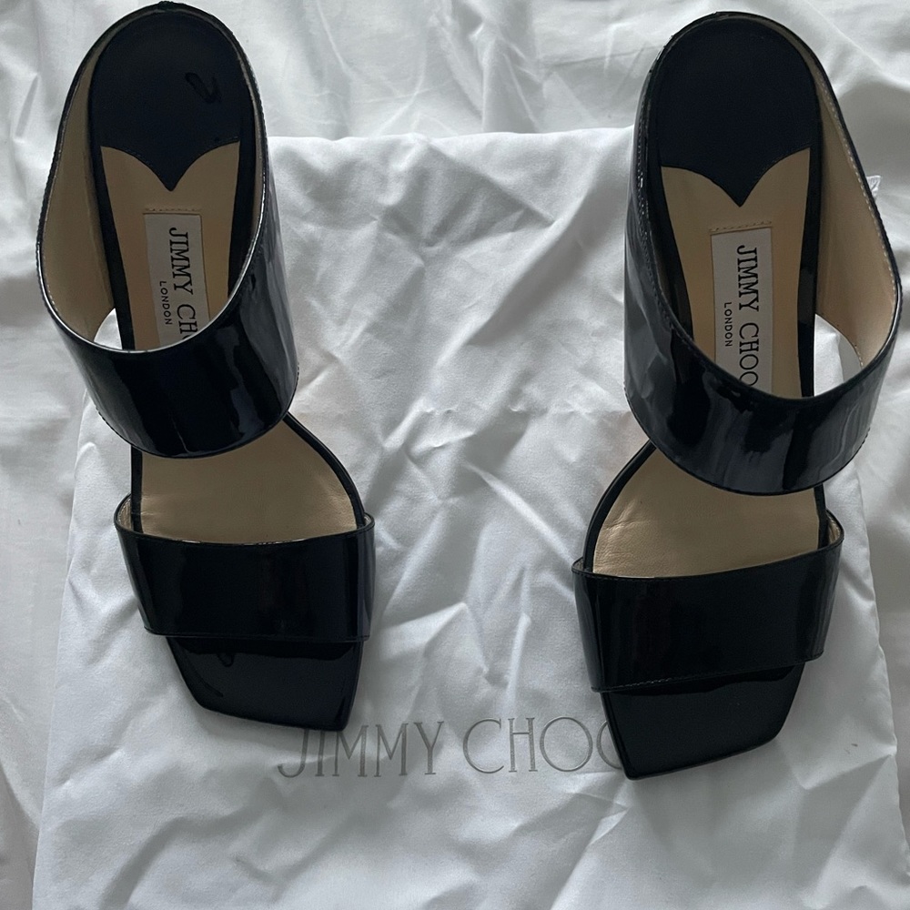Jimmy Choo double banded black patent leather sandals, size 37